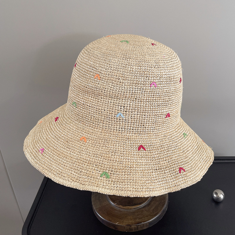 Women Embroidery Heart Raffia  - Bucket Hat Straw のレビューと価格