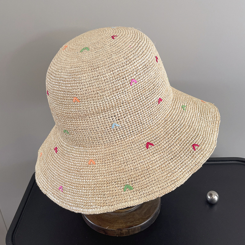 Women Embroidery Heart Raffia  - Bucket Hat Straw のレビューと価格