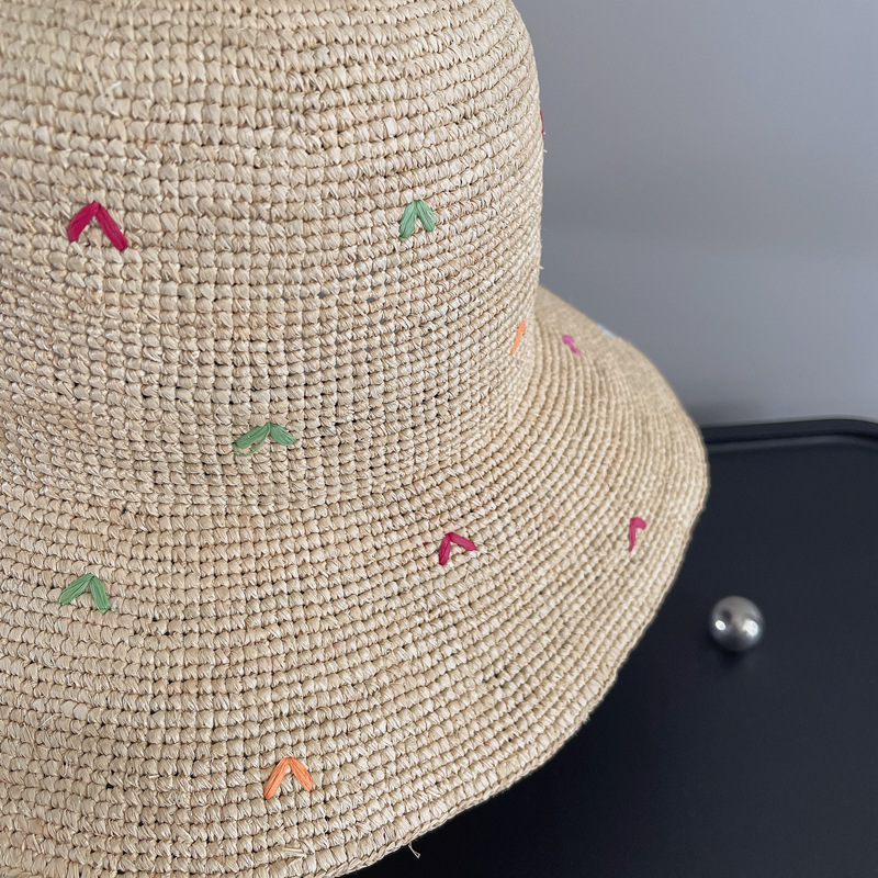 Women Embroidery Heart Raffia  - Bucket Hat Straw のレビューと価格
