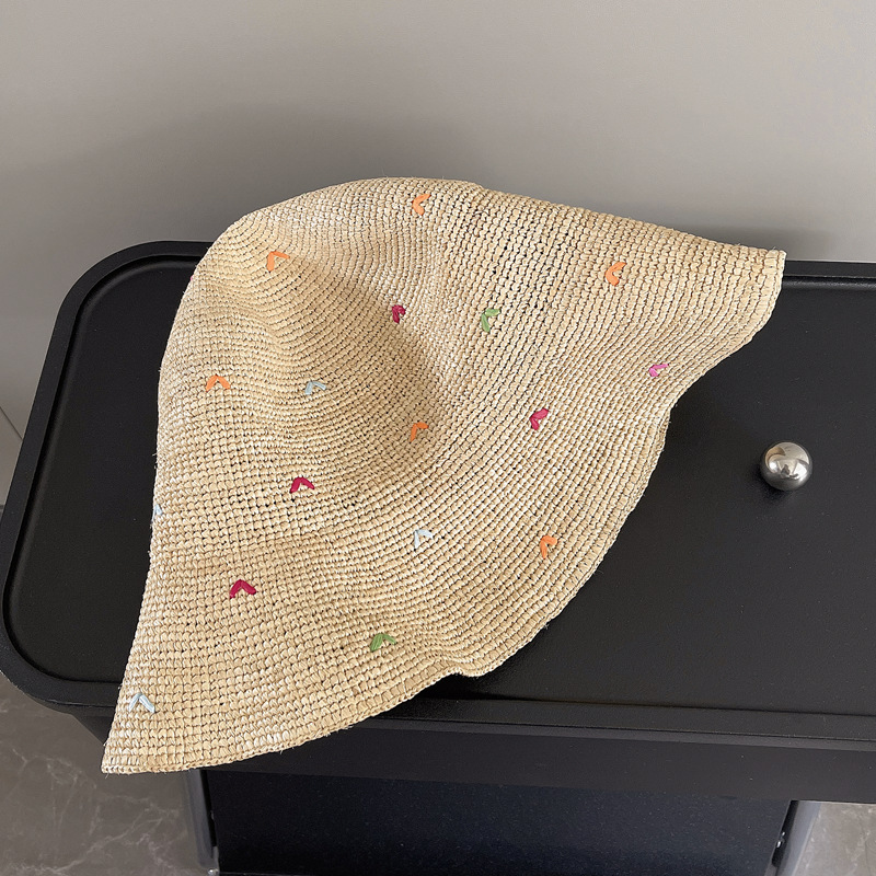 Women Embroidery Heart Raffia  - Bucket Hat Straw のレビューと価格