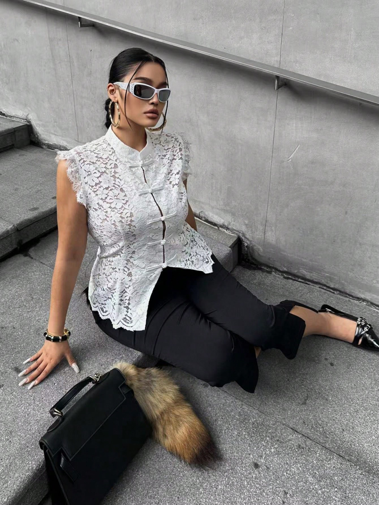 Plus Size Elegant Lace Blouse, - Shirt Camp Collar のレビューと価格
