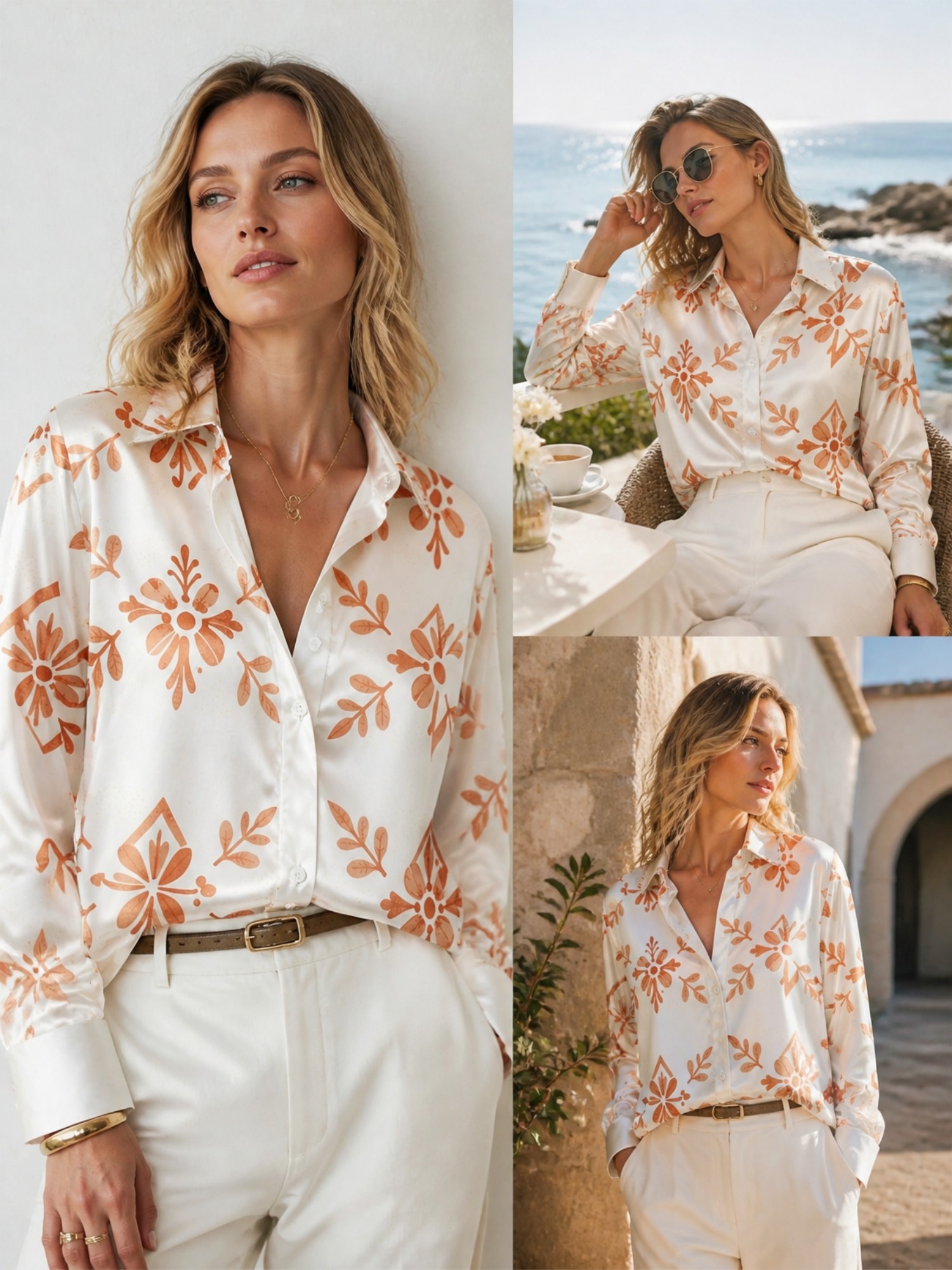 Cream Orange Floral Satin Blou - Resort Shirt Floral のレビューと価格