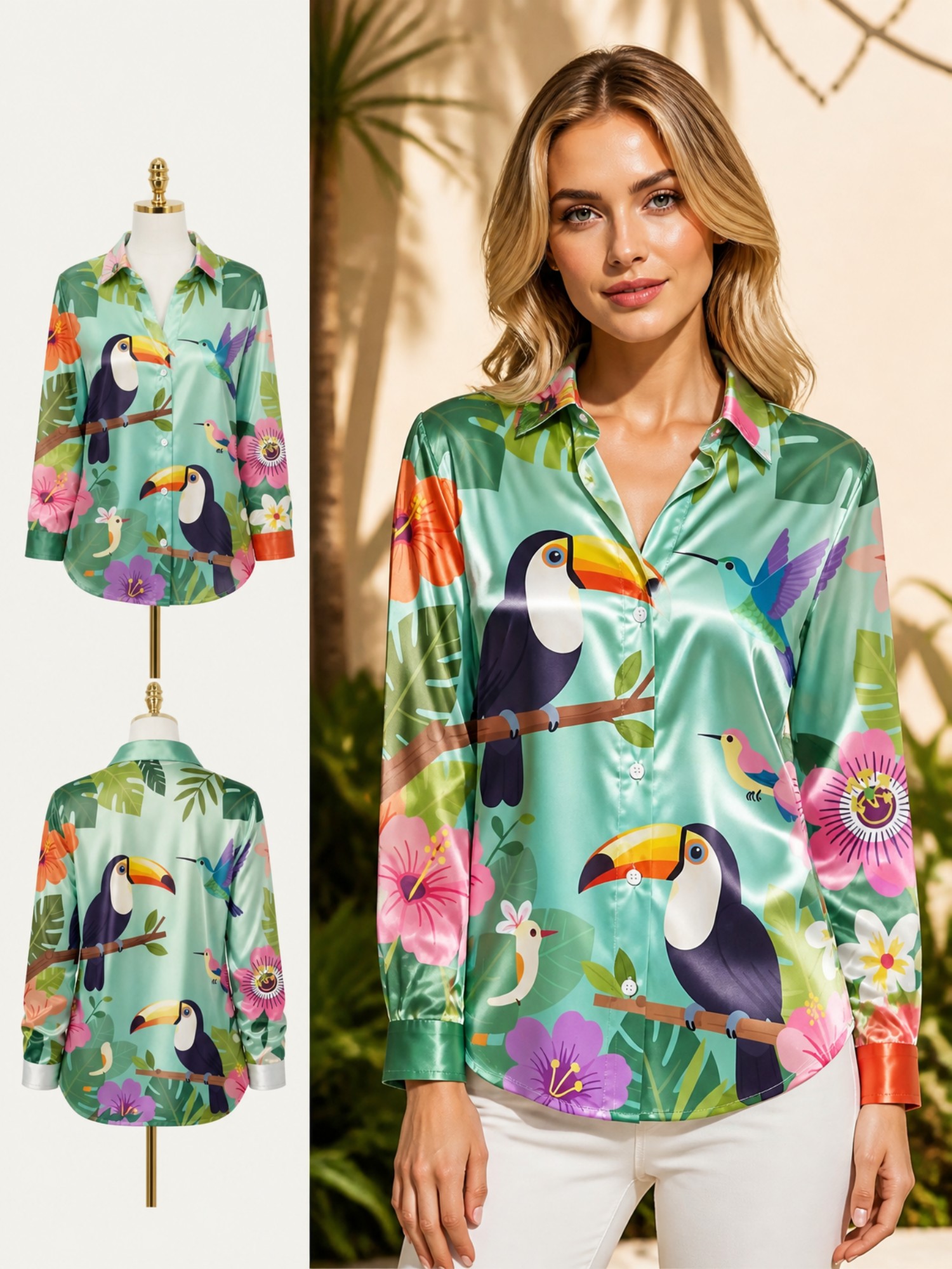 Mint Toucan Satin Button Shirt - Resort Shirt Floral のレビューと価格