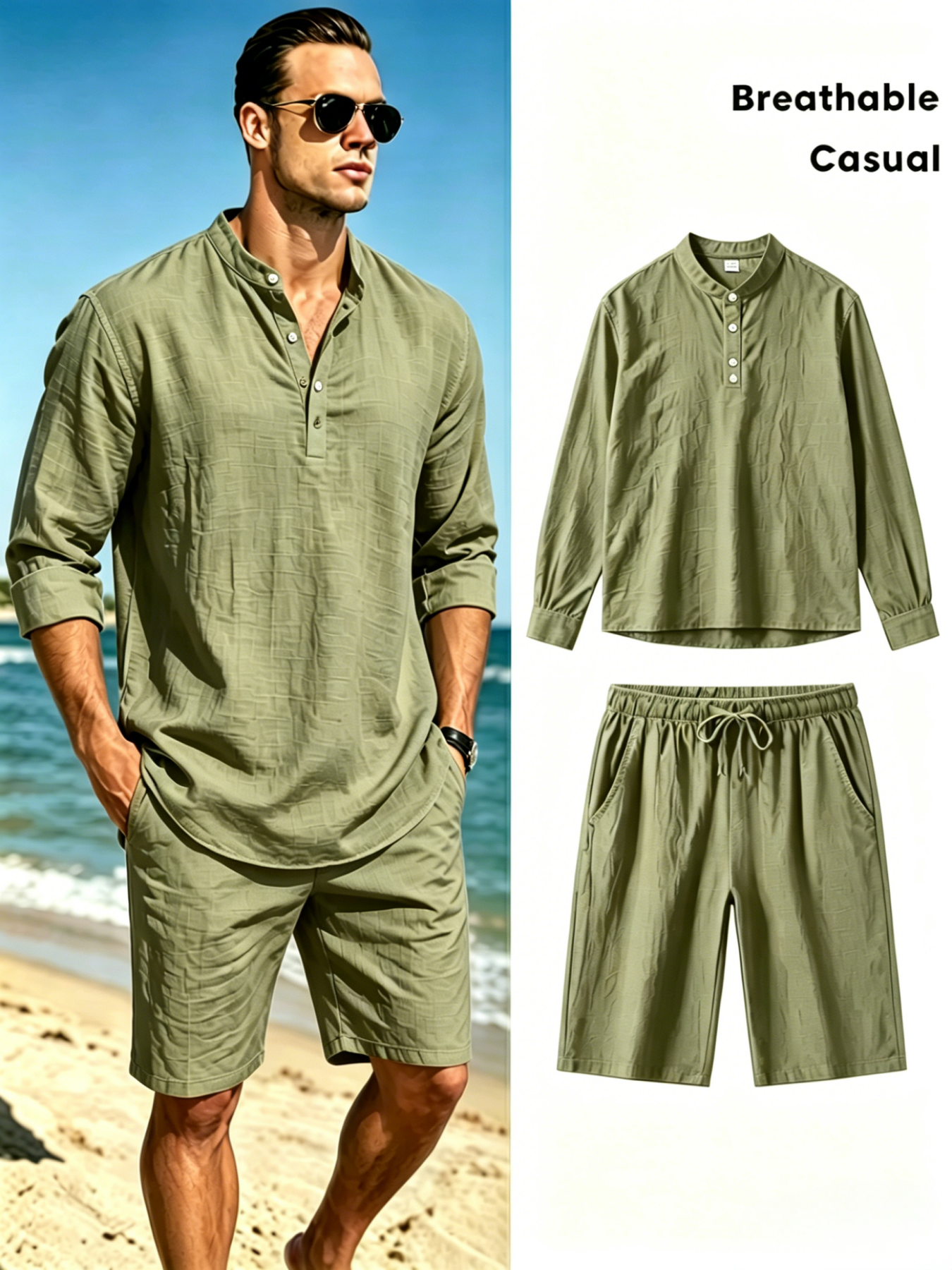 mens cotton linen henley shirt - Short Linen Drawstring のレビューと価格