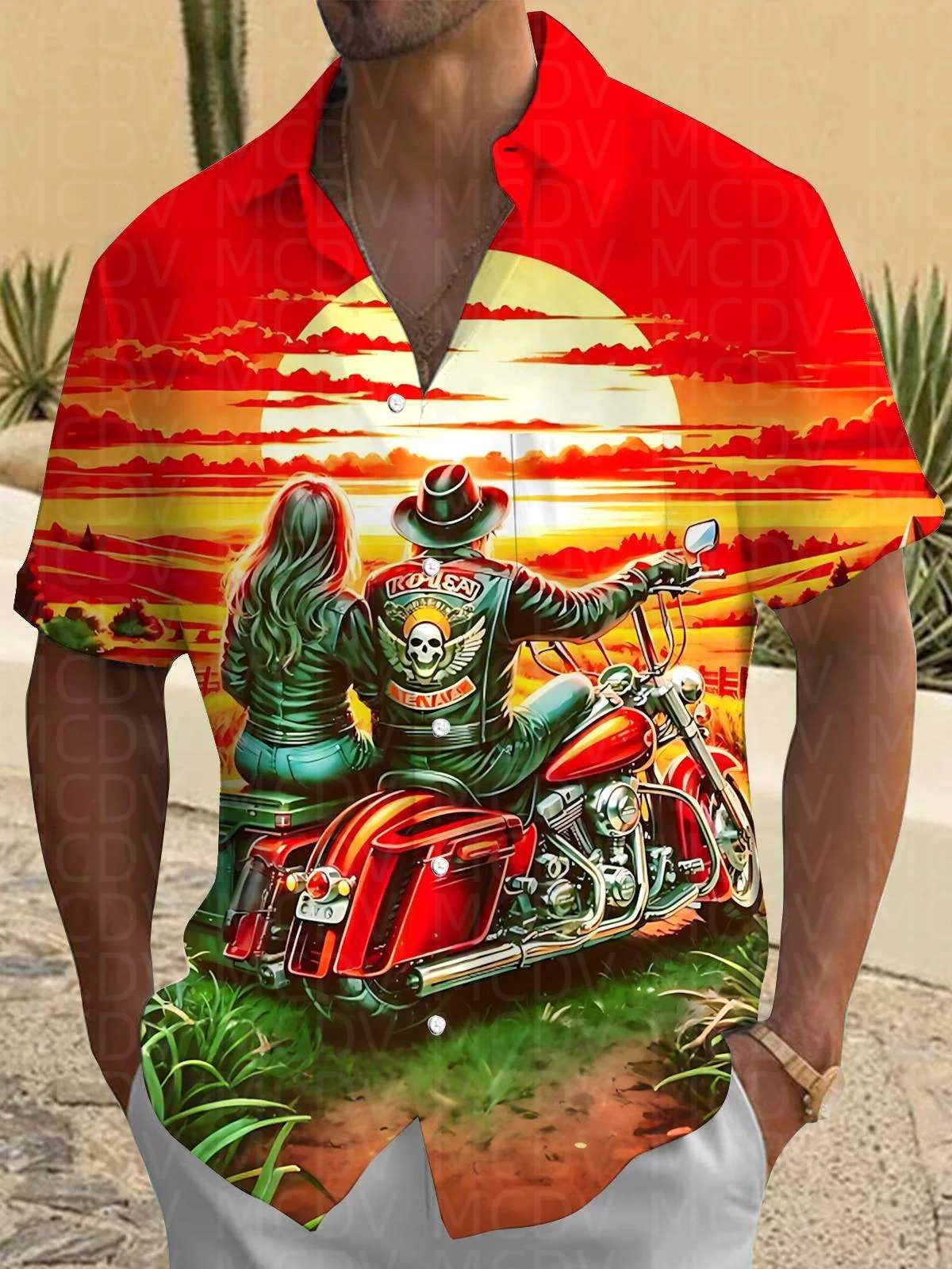 Motorcycle Pattern Men's Hawai - Shirt Camp Collar のレビューと価格
