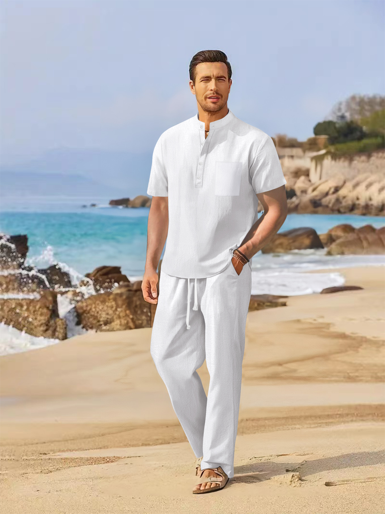 Summer men's cotton and linen  - Short Linen Drawstring のレビューと価格