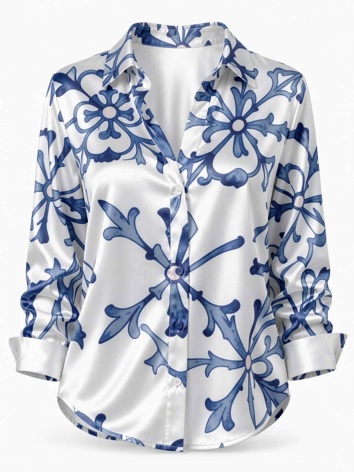 Blue Porcelain Floral Satin Bl - Resort Shirt Floral のレビューと価格