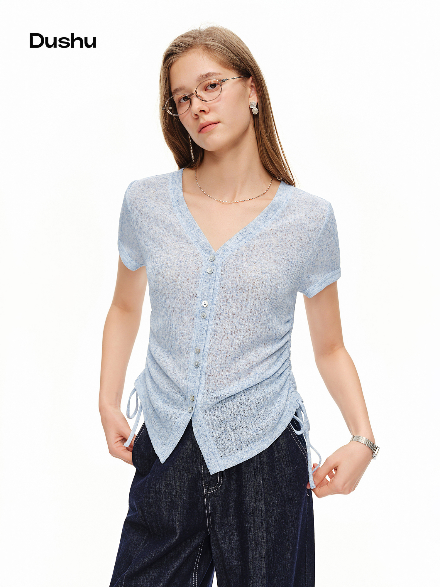 DUSHU Lightweight V-neck Linen - Short Linen Drawstring のレビューと価格