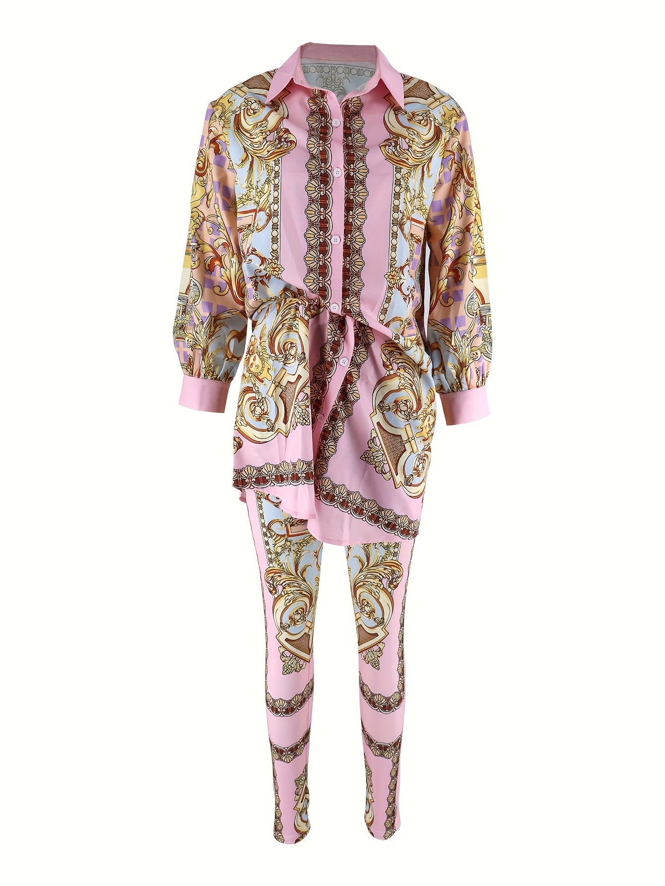 Women 2 Piece Set Ornate Print - Shirt Camp Collar のレビューと価格