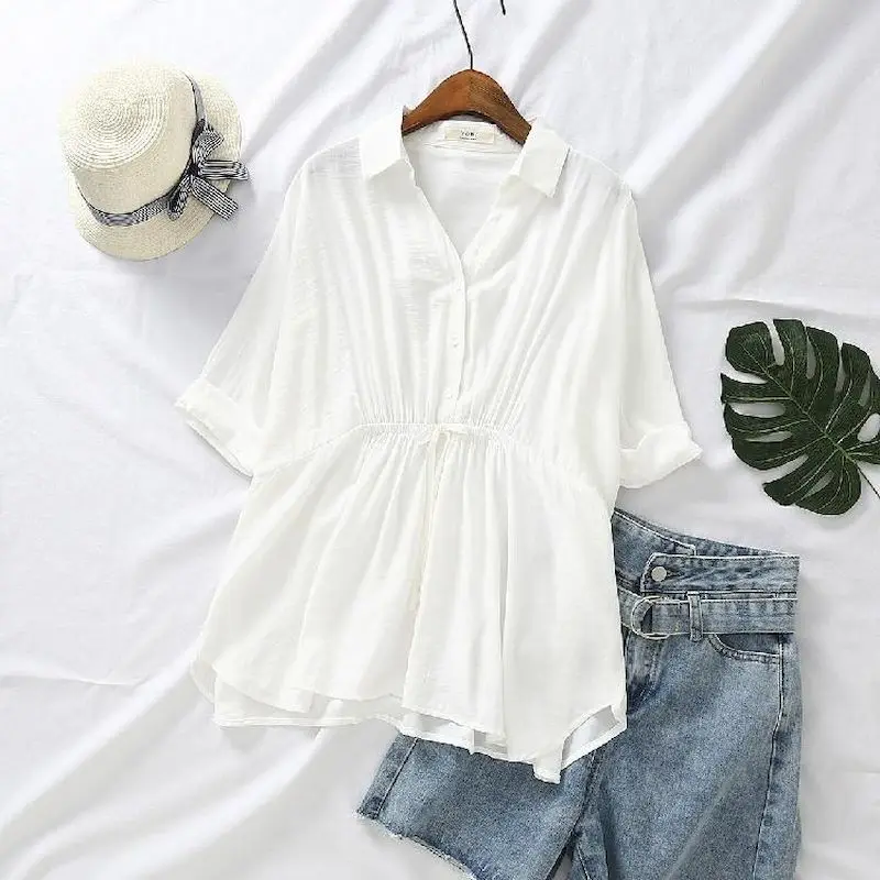 Korean Loose Blouses Women Fas - Short Linen Drawstring のレビューと価格